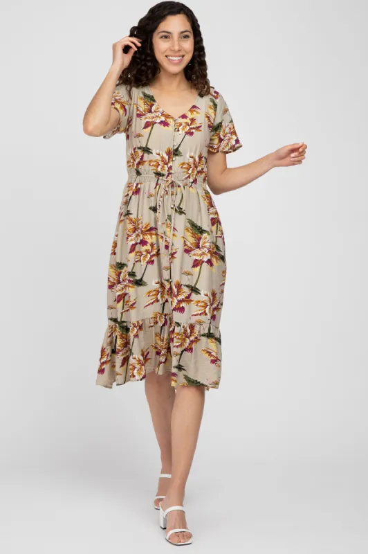 Beige Floral Button Midi Dress sold by Pinkblush