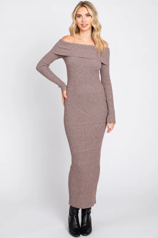 Mocha Off Shoulder Maxi Sweater Dress sold by Pinkblush