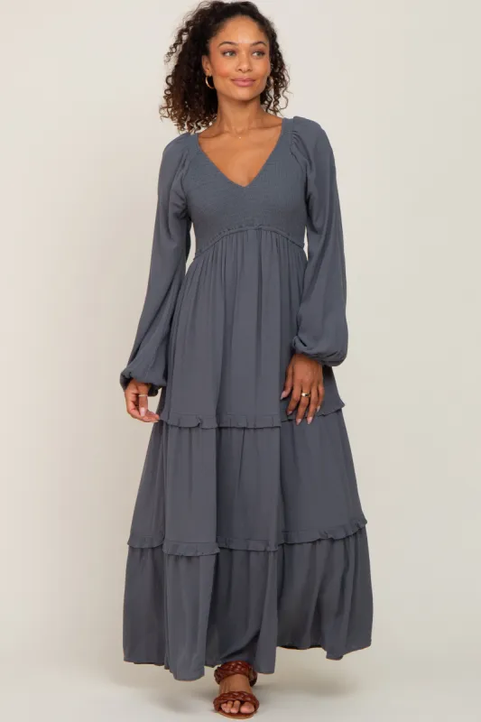 Charcoal Smocked Tiered Midi Dress sold by Pinkblush
