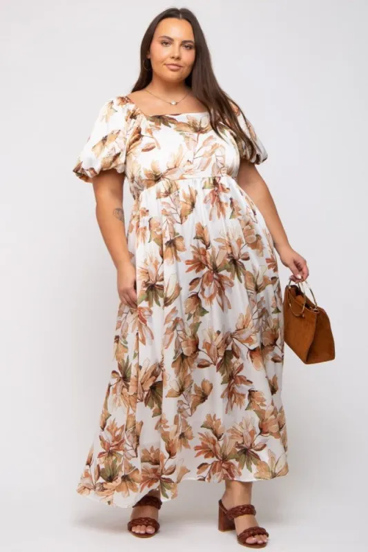 Cream Floral Satin Puff Sleeve Plus Maxi Dress sold by Pinkblush