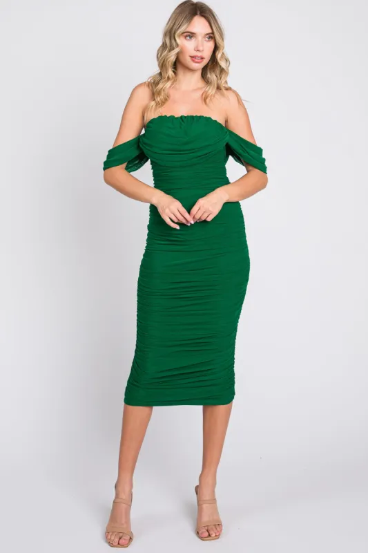 Forest Green Ruched Off Shoulder Dress sold by Pinkblush