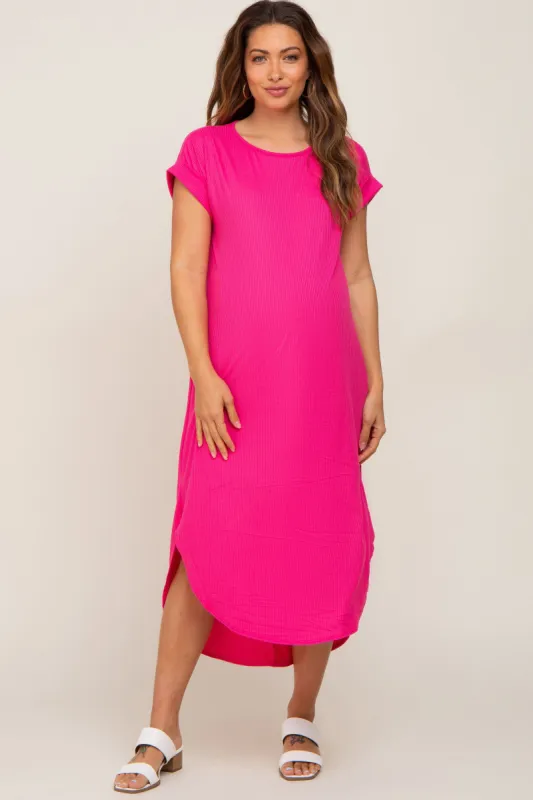 Fuchsia Ribbed Round Hi-Lo Hem Maternity Dress sold by Pinkblush