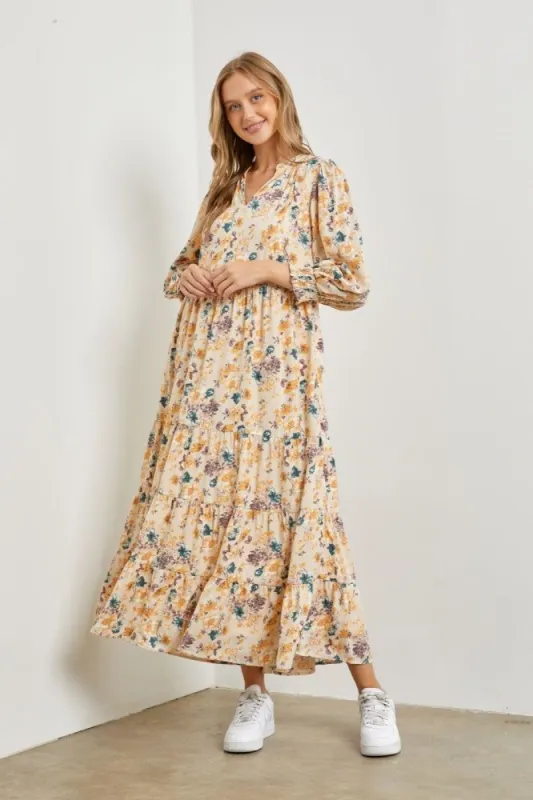 Cream Floral 3/4 Sleeve Tiered Midi Dress sold by Pinkblush