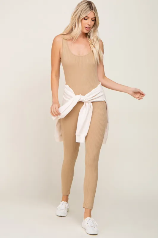 Beige Ribbed Bodycon Jumpsuit sold by Pinkblush