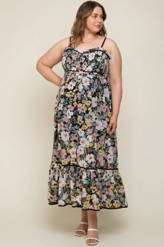 Black Floral Sleeveless Button Down Plus Maternity Maxi Dress sold by Pinkblush