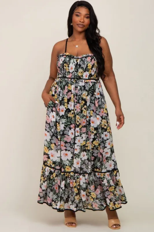 Black Floral Sleeveless Button Down Plus Maxi Dress sold by Pinkblush