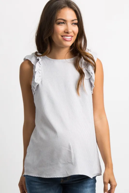 Grey Striped Ruffle Sleeveless Maternity Top sold by Pinkblush