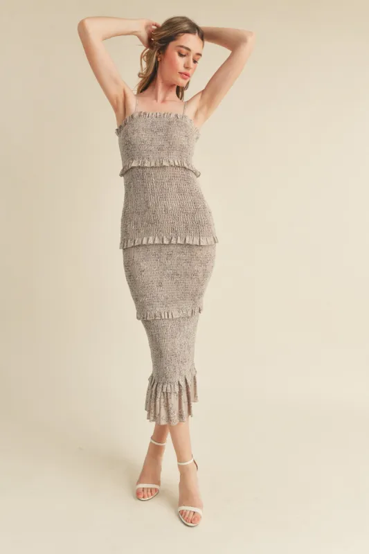 Grey Floral Smocked Fitted Midi Dress sold by Pinkblush