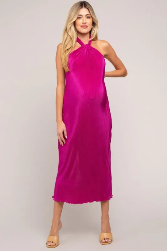 Magenta Knot Front Plisse Halter Maternity Midi Dress sold by Pinkblush