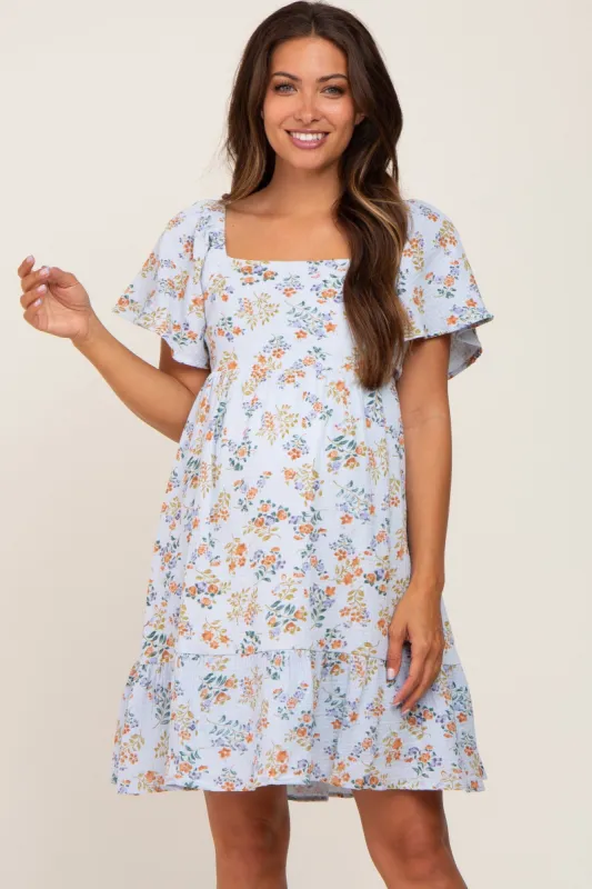 Light Blue Floral Gauze Square Neck Short Sleeve Maternity Dress sold by Pinkblush