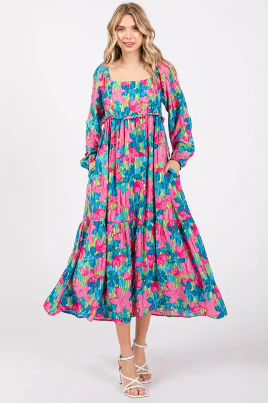 Blue Floral Long Sleeve Midi Dress sold by Pinkblush