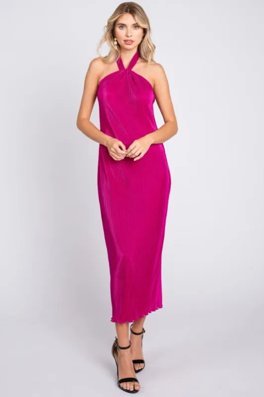Magenta Knot Front Plisse Halter Midi Dress sold by Pinkblush