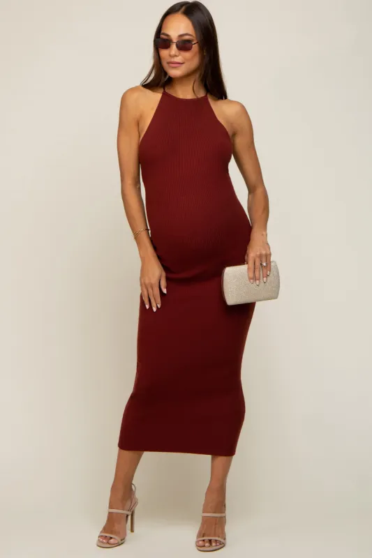 Burgundy Rib Knit Cutout Criss Cross Back Maternity Maxi Dress sold by Pinkblush