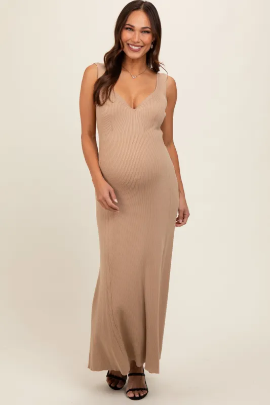 Beige Knit Deep V-Neck Maternity Maxi Dress sold by Pinkblush