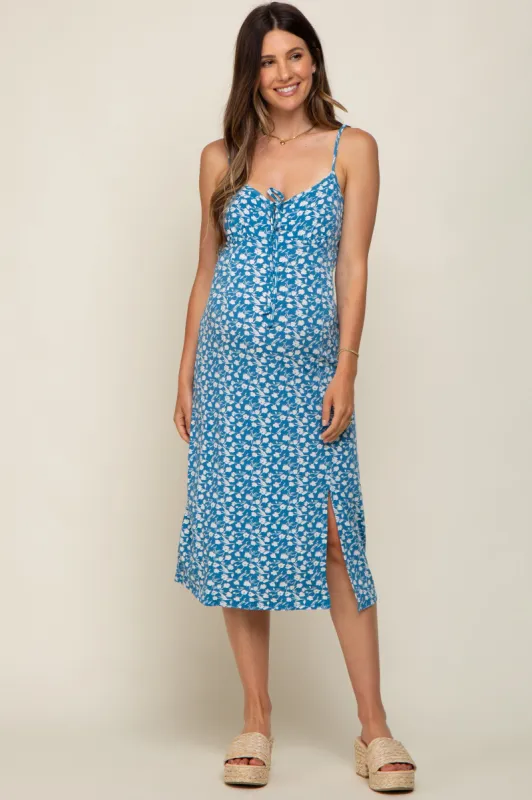 Blue Floral Front Tie Side Slit Maternity Midi Dress sold by Pinkblush