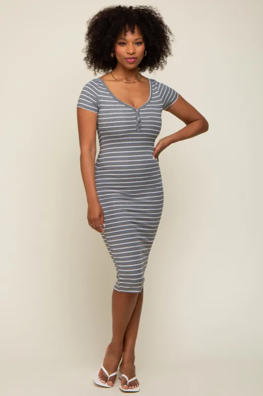 Heather Grey Striped Ribbed Fitted Midi Dress sold by Pinkblush