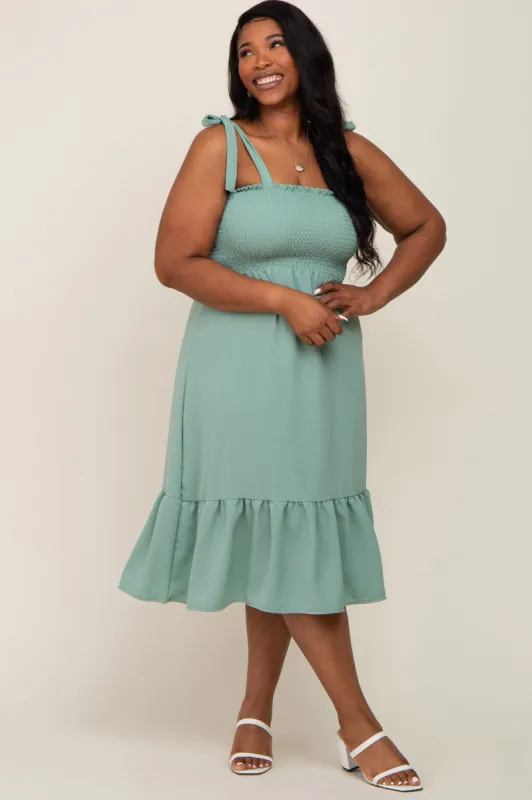 Sage Smocked Shoulder Tie Plus Midi Dress sold by Pinkblush