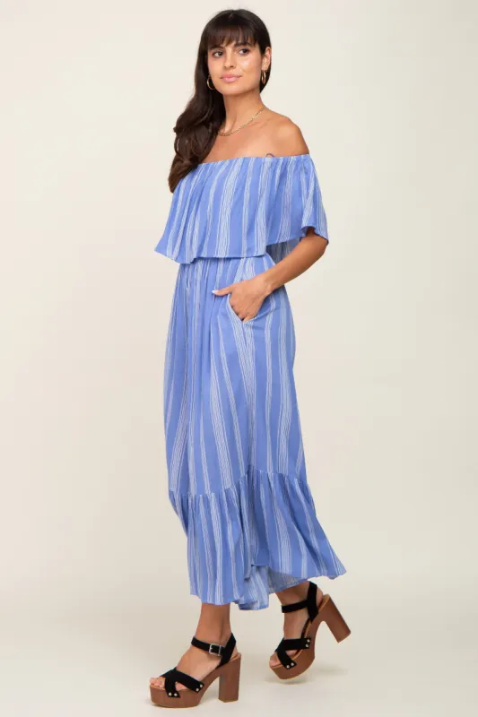 Blue Striped Off Shoulder Jumpsuit sold by Pinkblush