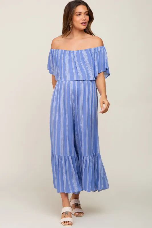 Blue Striped Off Shoulder Maternity Jumpsuit sold by Pinkblush