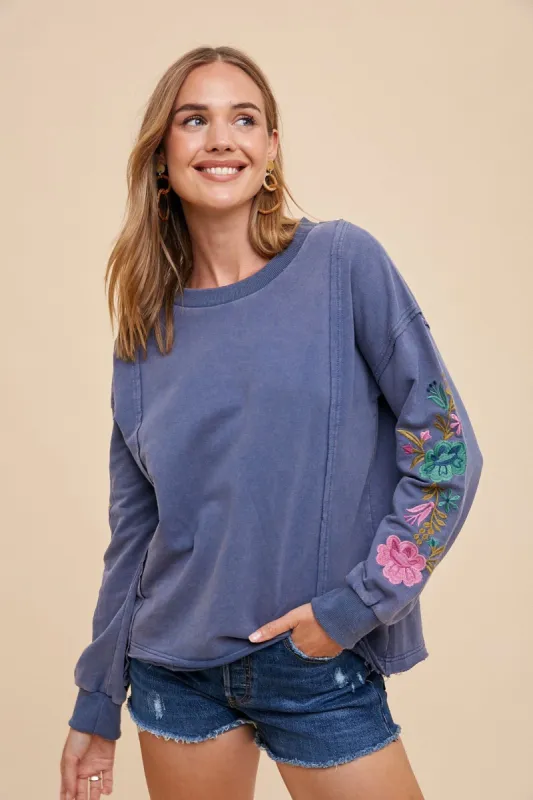 Washed Midnight Floral Embroidered Sleeve Mineral Wash Knit Top sold by Pinkblush