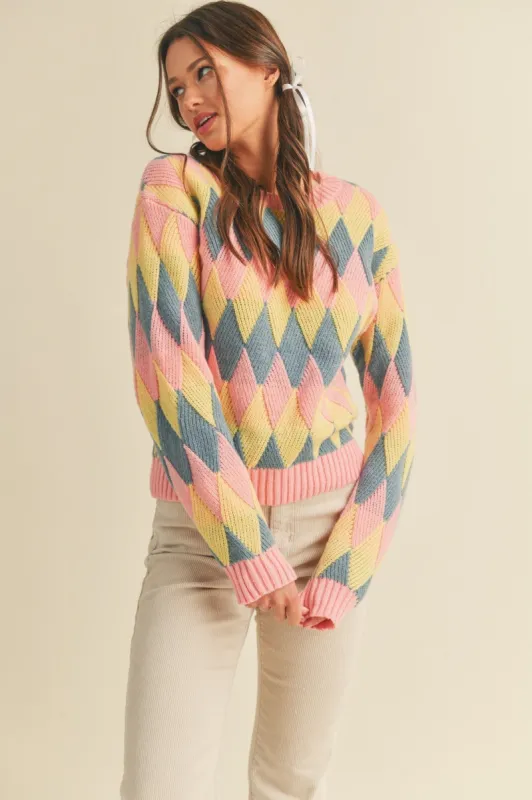 Pink Blue Multi-Color Diamond Knit Sweater sold by Pinkblush