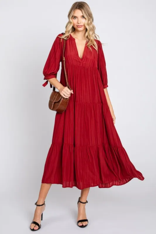 Burgundy Striped Tiered Midi Dress sold by Pinkblush