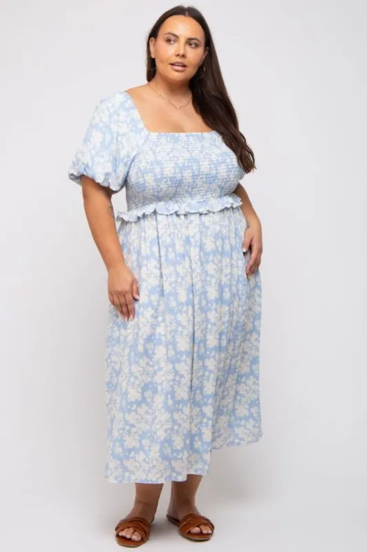 Light Blue Floral Smocked Plus Midi Dress sold by Pinkblush