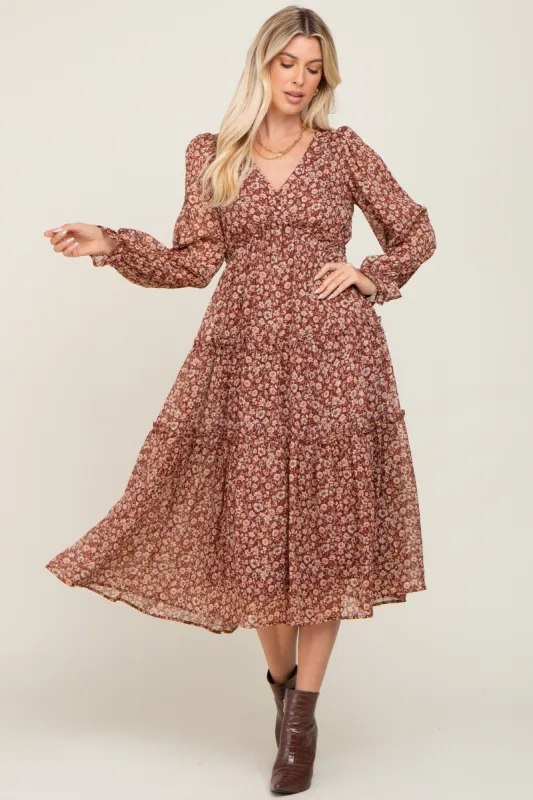 Brown Floral Ruffle Tiered Midi Dress sold by Pinkblush