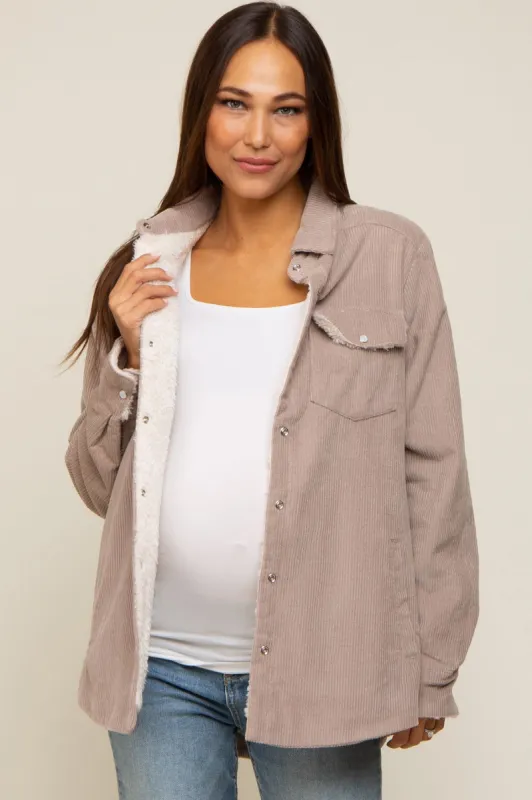 Taupe Corduroy Sherpa Lined Maternity Shacket sold by Pinkblush
