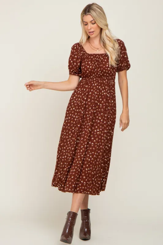 Brown Floral Puff Sleeve Midi Dress sold by Pinkblush