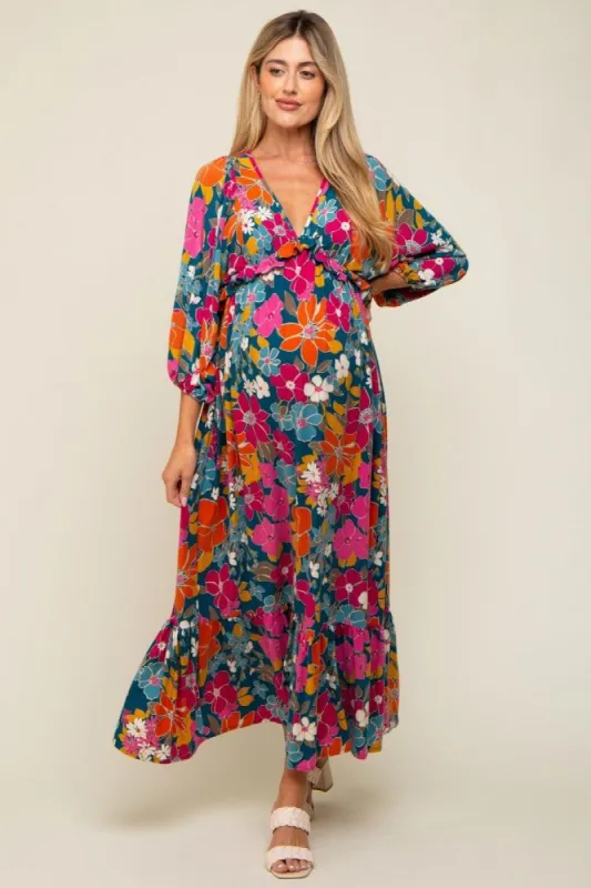 Teal Retro Floral V-Neck Ruffle Knit Maternity Maxi Dress sold by Pinkblush