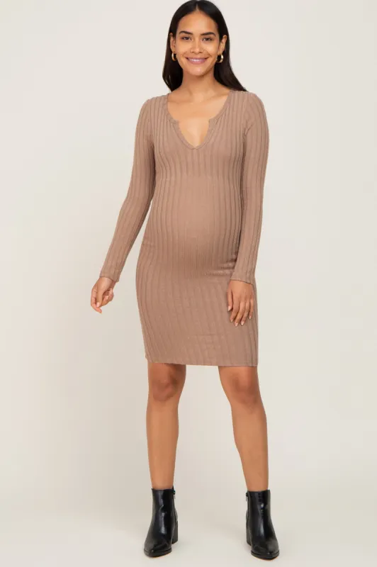 Taupe Soft Ribbed Long Sleeve Maternity Midi Dress sold by Pinkblush