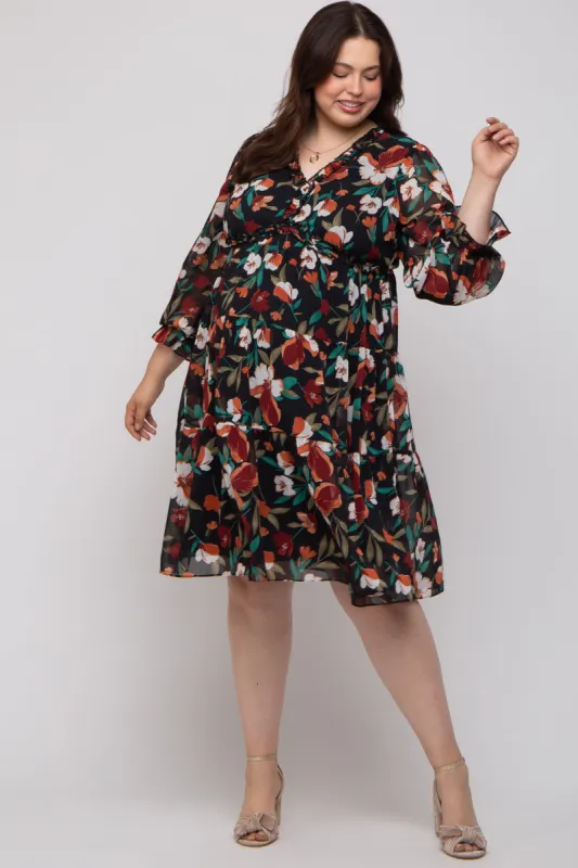 Black Floral Ruffle V-Neck Maternity Plus Dress sold by Pinkblush