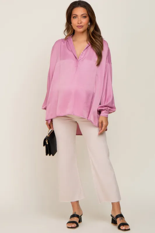 Mauve Silk Collared V-Neck Long Sleeve Maternity Blouse sold by Pinkblush