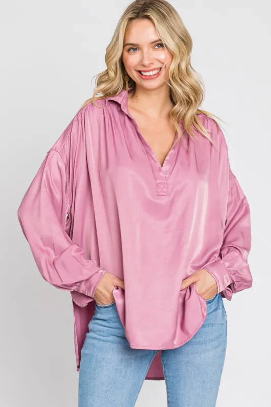 Mauve Silk Collared V-Neck Long Sleeve Blouse sold by Pinkblush