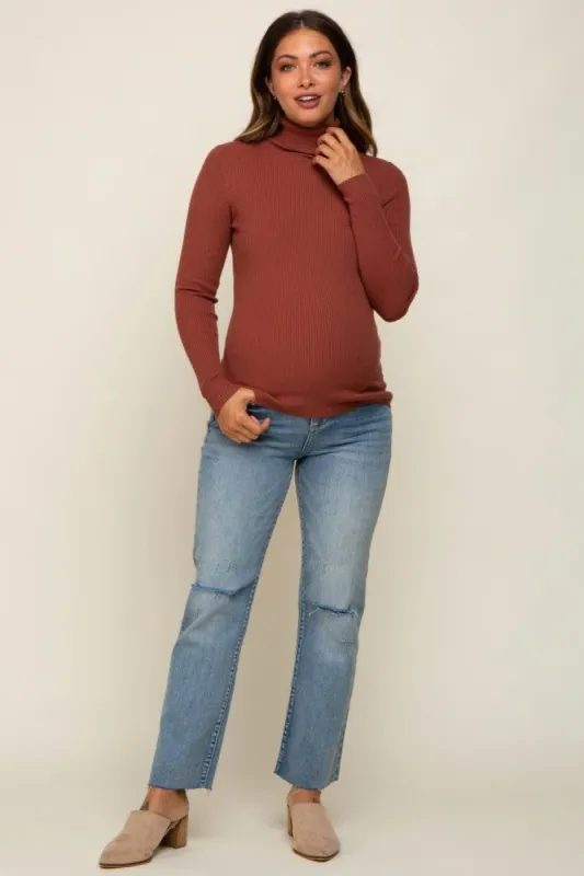 Camel Ribbed Fitted Long Sleeve Maternity Top sold by Pinkblush