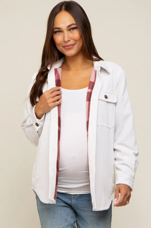 White Corduroy Plaid Fleece Lined Button Down Maternity Shacket sold by Pinkblush