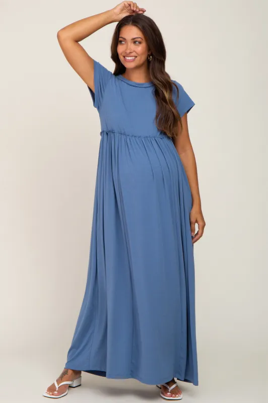 Blue Short Sleeve Babydoll Maternity Maxi Dress sold by Pinkblush