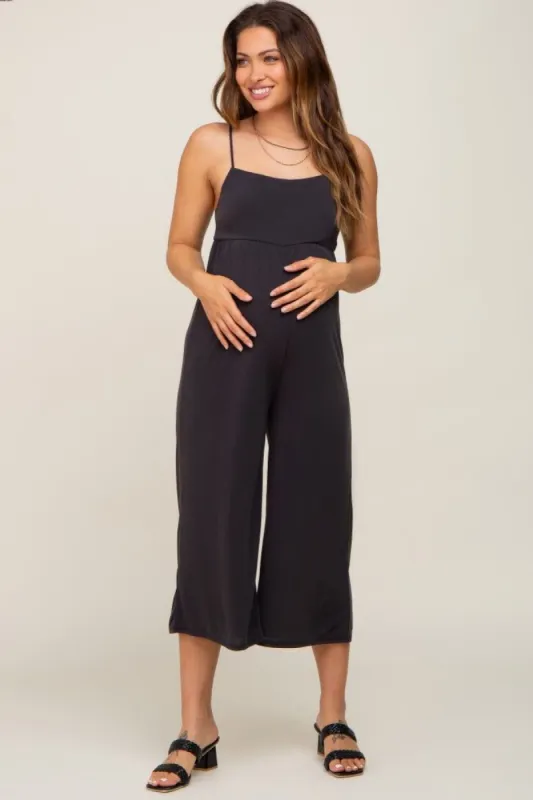 Black Sleeveless Cropped Maternity Jumpsuit sold by Pinkblush
