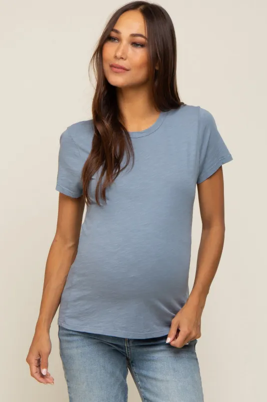 Blue Slub Knit Cropped Maternity T-Shirt sold by Pinkblush