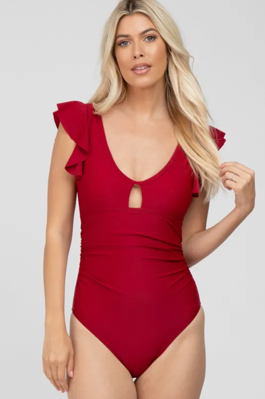 Burgundy Flutter Sleeve Back Cutout One Piece Swimsuit sold by Pinkblush