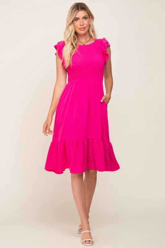 Fuchsia Smocked Layered Ruffle Flutter Sleeve Midi Dress sold by Pinkblush