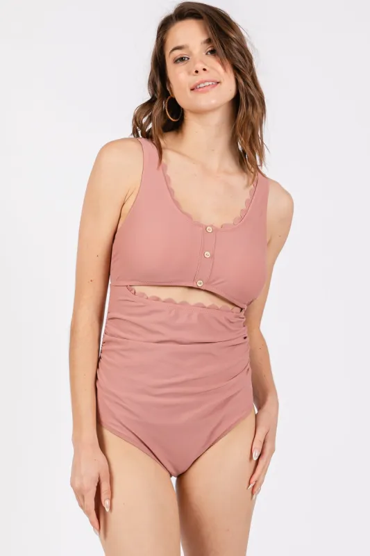 Mauve Scalloped Cutout Ruched One Piece Swimsuit sold by Pinkblush