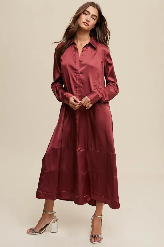 Wine Half Button Up Collar Satin Maxi Dress sold by Pinkblush