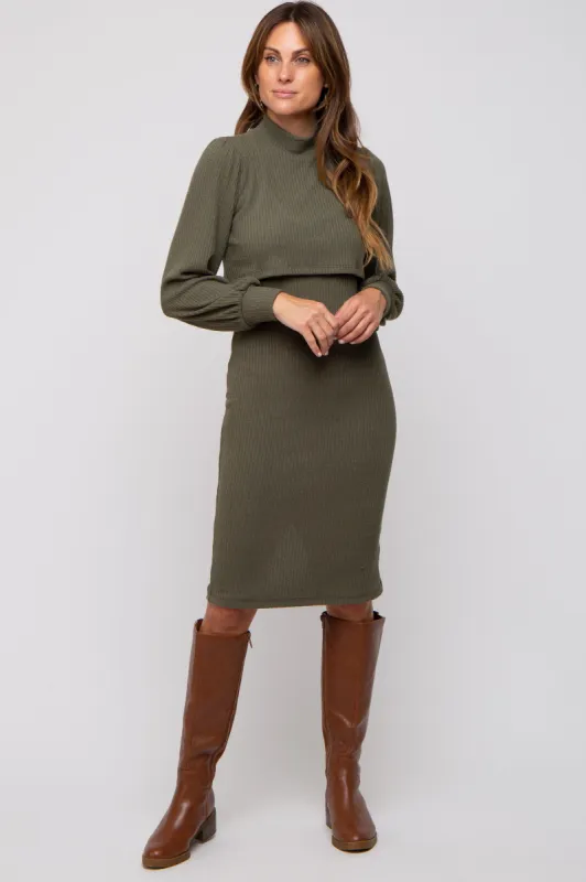 Olive Rib Knit Mock Neck Mock Neck Nursing Dress sold by Pinkblush