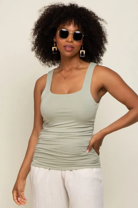 Light Olive Square Neck Ruched Sides Top sold by Pinkblush