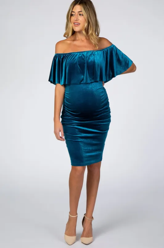 Teal Velvet Off Shoulder Fitted Maternity Dress sold by Pinkblush