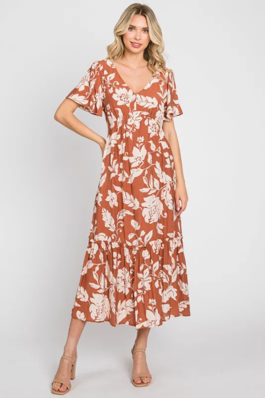Rust Tropical Print Ruffle Midi Dress sold by Pinkblush