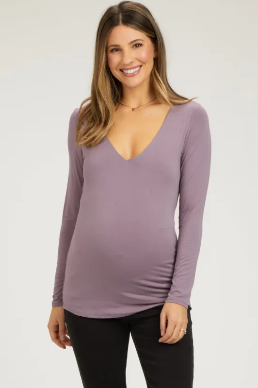 Mauve V-Neck Long Sleeve Maternity Top sold by Pinkblush