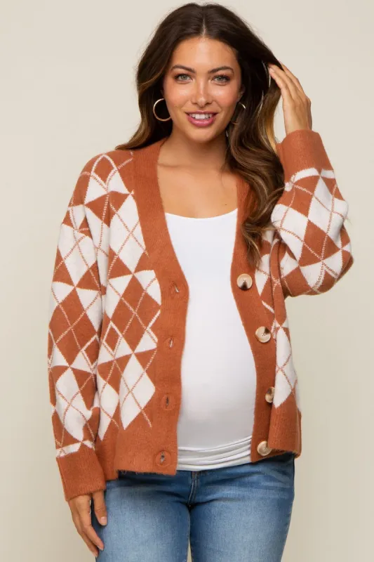 Camel Argyle Button Front Maternity Cardigan sold by Pinkblush